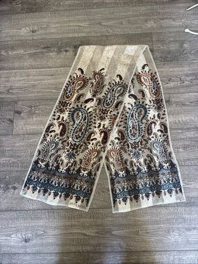 Anne Klein Cream Paisley Border Scarf with Blue & Brown Accents